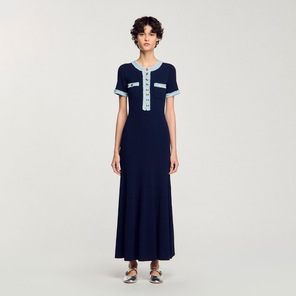 Sandro Navy knit and denim Midi Dress FR 42/US 8